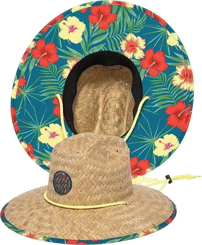 Weaved Woven Palm Hang Ten Beach Active Outdoor Straw Lifeguard Sun Hat with Adjustable Chin Cord Straw Hats